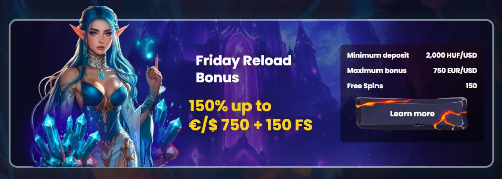 SlotsGem Friday Reload Bonus banner offering 150% up to $/$ 750 and 150 free spins